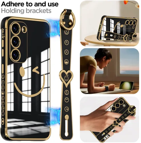 Vista 21 de AICase Funda para Samsung Galaxy S23 con protección completa de lente de cámara + correa, cara sonriente chapada con purpurina brillante