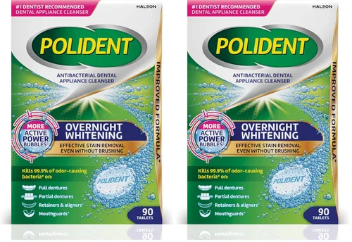 Vista 13 de Polident Pastillas limpiadoras antibacterianas para aparatos dentales blanqueadores durante la noche, tabletas de limpieza de protector bucal, 90