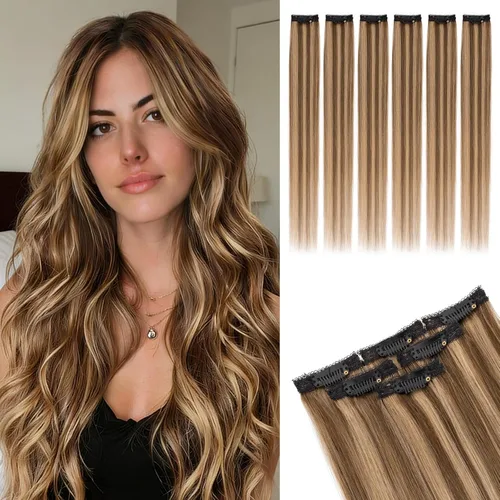 Vista 40 de Rich Choices Extensiones de cabello humano real con clip de 6 piezas, diseño de clip único, extensiones invisibles con clip para cabello corto