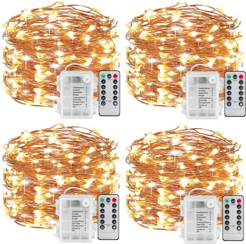 Guirnalda de luces de hadas, 4 paquetes de luces LED, funciona con pilas, alambre de cobre impermeable con control remoto, luces de hadas para