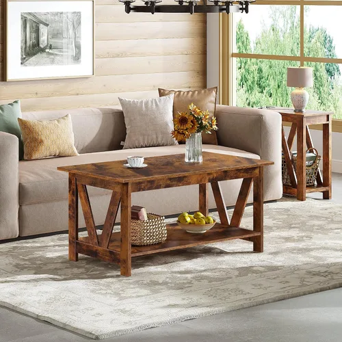 Vista 7 de WLIVE Mesa de café con estante de almacenamiento, Mesa de café estilo granja de 39.4" con soporte de marco en V, Mesa central rústica de madera de 2