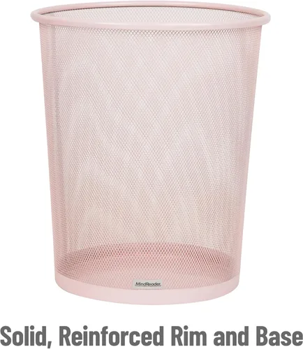 Vista 4 de Mind Reader Cubo de basura de malla, 16.65L (4.4 gal), cesta de papel usado, redondo, oficina, malla de metal, rosa