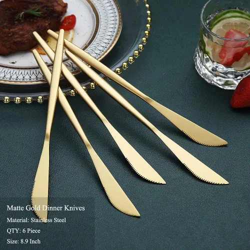 Vista 2 de HOMQUEN Cuchillos de cena, 6 piezas, cuchillo de cena de acero inoxidable dorado mate, cuchillo de mantequilla resistente, cuchillos de mantequilla