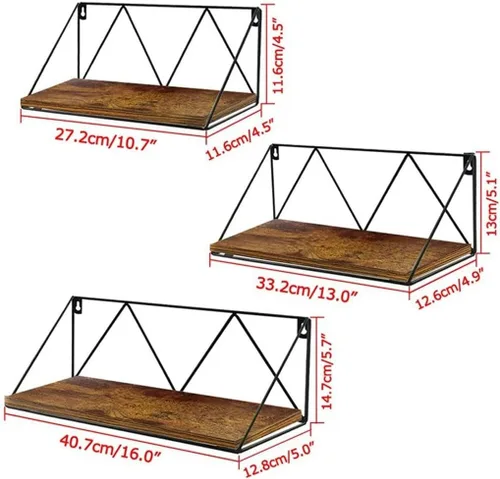Vista 3 de Wood Floating Wall Shelf Set of 3, Wall Decor Storage Shelf, Hanging Bookshelves for Wall, Wall Mount Display Rack for Bedroom, Living Room