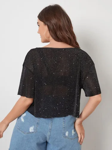 Vista 2 de OYOANGLE Camiseta corta de malla con purpurina para mujer, talla grande, transparente, manga corta