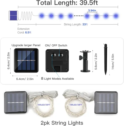 Vista 6 de suddus Paquete de 2 tiras de luces solares pequeñas de 33 pies, 100 luces LED solares azules para exteriores, 8 modos, luces solares de Navidad