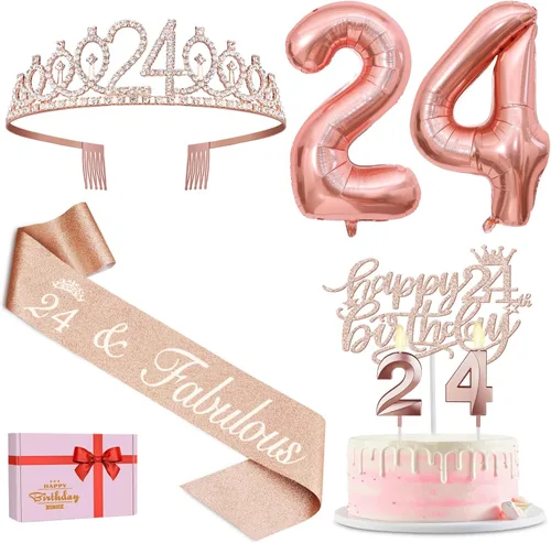 Vista 49 de Decoraciones de cumpleaños número 17 para niña, incluyendo tiara y banda de cumpleaños de 17, decoración para pastel y velas, globos de números