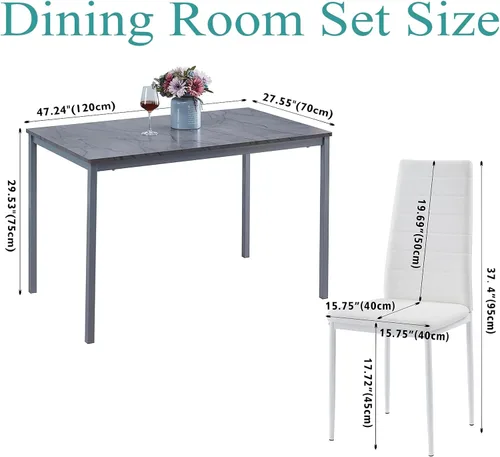 Vista 10 de Juego de comedor de 5 piezas para 4 mesas de comedor de mármol con sillas, mesa de cocina rectangular y sillas para cocina del hogar, comedor