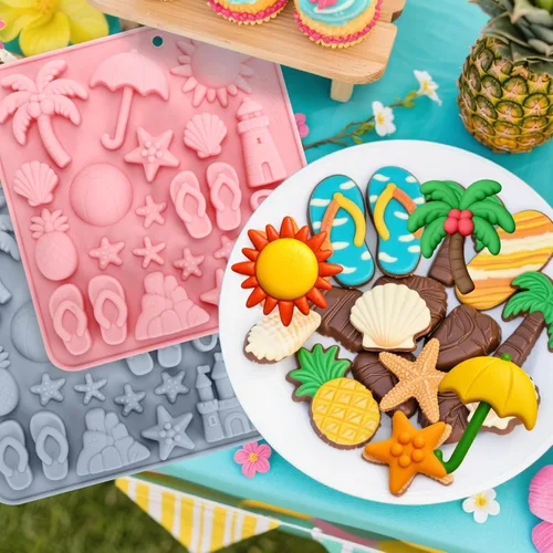 Vista 5 de 2 moldes de silicona de chocolate para playa de verano, coco, piña, conchas de estrella de mar, moldes de chocolate para dulces, decoración