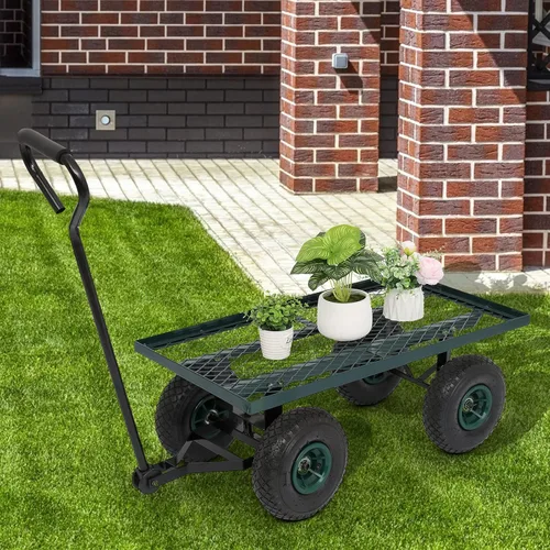 Vista 7 de Outvita Carrito de jardín de cubierta de metal con neumáticos de aire de 10 pulgadas, carrito de carro resistente para granja, patio y carga (verde)