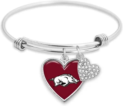 Arkansas Razorbacks Amara Crystal Heart Brazalete de plata ajustable Joyería Regalo UA, Sin gemas.