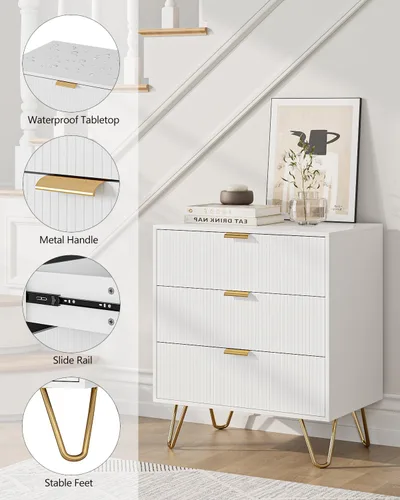 Vista 7 de Cómoda blanca para dormitorio, moderna cómoda acanalada de 3 cajones con almacenamiento, cómoda con asas doradas para dormitorio, sala de estar