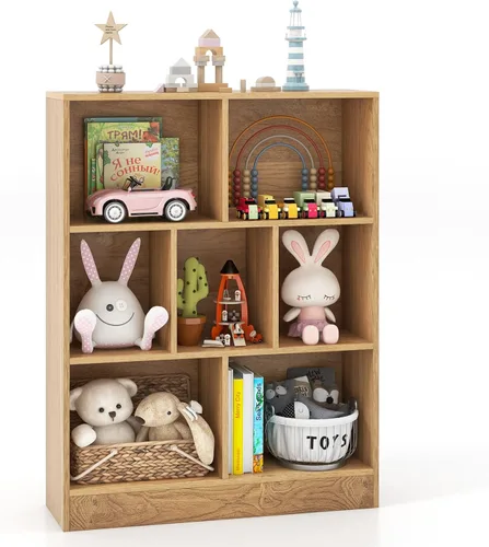 Costzon 7-Cube Bookshelf for Kids, Wooden Toy Storage Organizer w/ 2 Anti-Toppling Kits, 3 Tier Open Shelves & Non-Slip Foot Pads, Montessori Toy