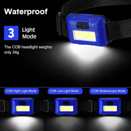Vista 3 de Macarrie 30 linternas LED para adultos, para exteriores, Mardi Gras, con diadema ajustable, impermeables, con 3 modos, 90 pilas AAA para frente