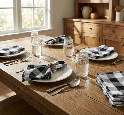 Vista 7 de Servilletas de tela reutilizables para cena en negro y blanco, juego de 12 servilletas de tela de algodón a cuadros de gingam de 16x16 pulgadas
