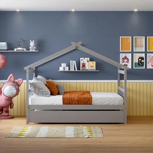 Vista 46 de Merax Cama de madera de tamaño individual con dos cajones, marco de cama de madera con techo para niños, adolescentes, niños o niñas, gris