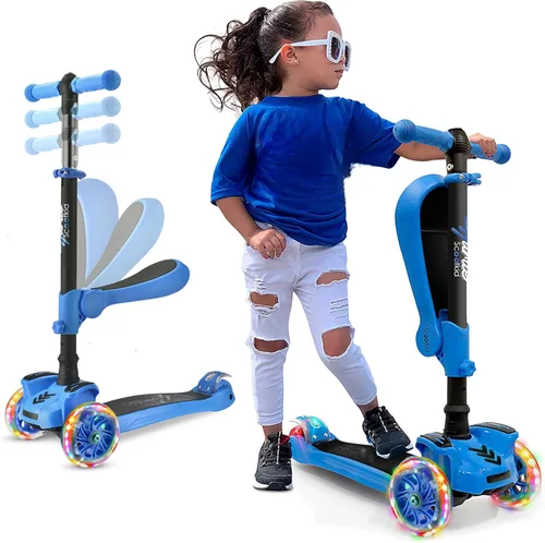 Vista 17 de Hurtle Patinete de 3 ruedas para niños, luces LED de ruedas, manubrio ajustable de inclinación para dirigir y asiento plegable, paseo sentado