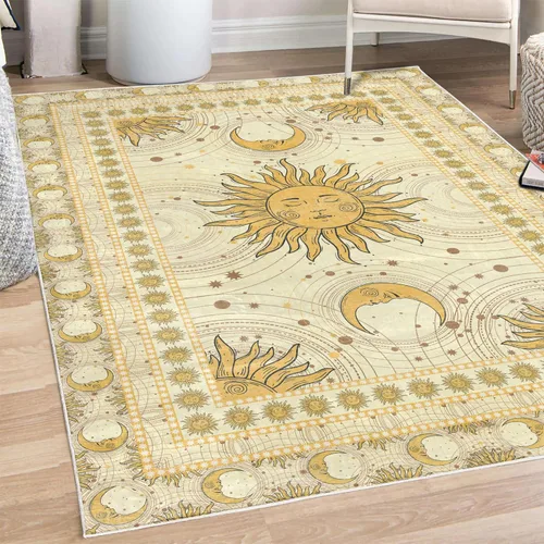 Ambesonne Alfombra decorativa de sol y luna, diseño de obra de arte bohemio de creciente adorno solar de estrellas esotéricas, alfombra de calidad