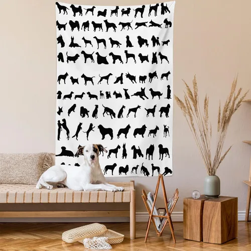 Vista 2 de Ambesonne Tapiz para amantes de los perros, siluetas de diferentes razas de perros, Chow Chow Shepherd Pinscher Spaniel, colgante de pared