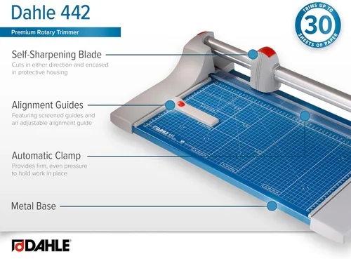 Vista 5 de Dahle 442 Cortador rotativo premium, longitud de corte de 20 pulgadas, capacidad de 30 hojas, autoafilado, abrazadera automática, cortador de papel