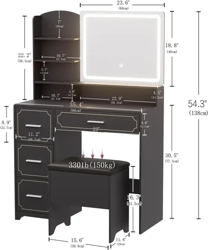 Vista 6 de Mesa de tocador con espejo LED y toma de corriente, 5 estantes abiertos, 4 cajones, incluye taburete acolchado, tocador de maquillaje ideal