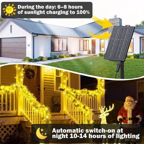 Vista 10 de SOLARBABY Luces solares de Navidad al aire libre, cadena de luces de 142 pies con 400 LED de blanco cálido para exteriores con control remoto, 19