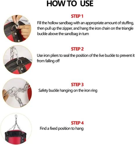 Vista 6 de Saco de boxeo para hombre, mujer, niños, bolsa de boxeo para interior/jardín, sin relleno, juego de bolsa pesada con guantes de boxeo, cadena