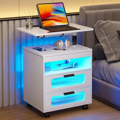 Vista 10 de HNEBC Mesita de noche LED con luces RGB y estación de carga para dormitorio, mesa de noche inteligente con ruedas bloqueables, 2 cajones para sala