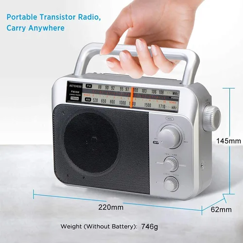 Vista 4 de Retekess TR604 Radio AM FM Portátil de Transistor Analógico con Jack de Auriculares de 3.5mm, Funciona con Pilas o Alimentación CA (Plata, AM FM)