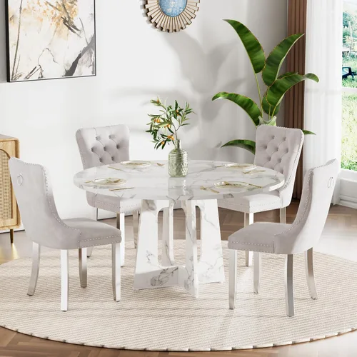 Vista 28 de Mesa de comedor redonda estilo granja para 6, mesa de cocina circular de 47" MDF con acabado de grano de madera, mesa de cocina y comedor de madera