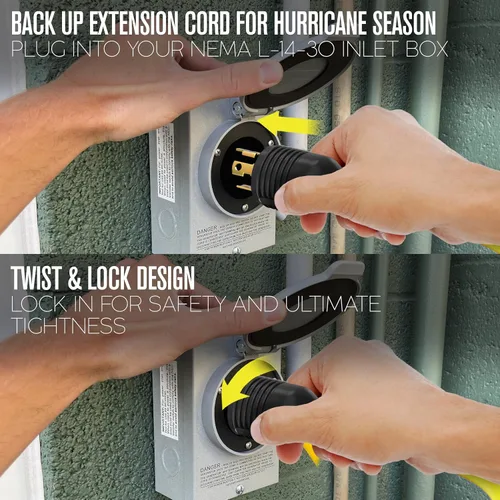 Vista 5 de Alargo, Cable de extensión, 4 Prong, 30 Amperes, 125–250 Voltios, único, Amarillo, 10 pies, 100% hule, calibre 10, muy resistente, L14–30