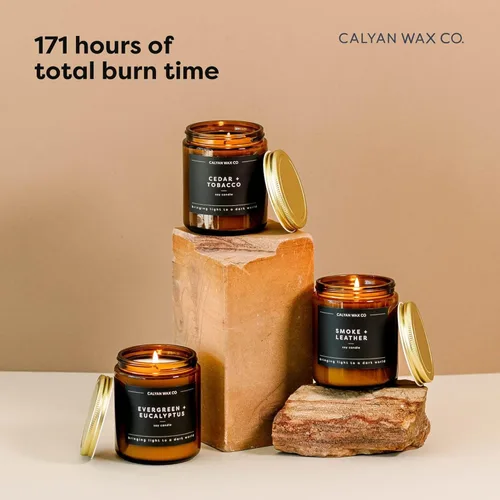 Vista 5 de Calyan Wax - Juego de velas de cera de soja, velas perfumadas para hombres, juego de 3 velas perfumadas de cedro, hoja perenne y cuero, 100% cera