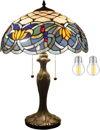 WERFACTORY Tiffany Table Lamp Stained Glass Style Bedside Lamp Blue Lotus 16X16X24 Inches Desk Reading Light Metal Base Decor Bedroom Living Room