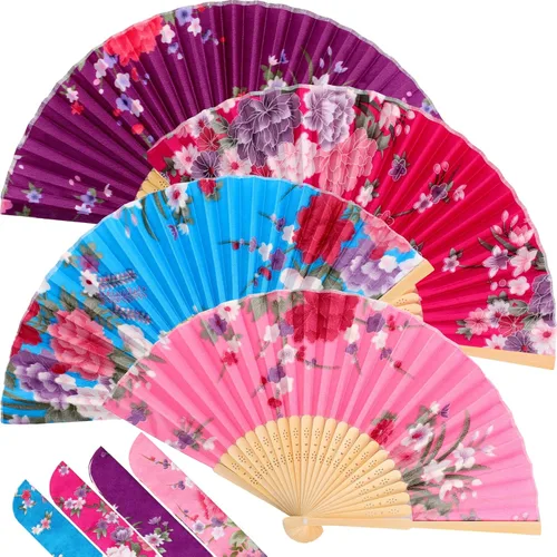Vista 12 de Zonon 4 Pack de abanicos de mano florales plegables, abanicos de seda de bambú con borla para mujer, abanico de mano hueco plegable con funda
