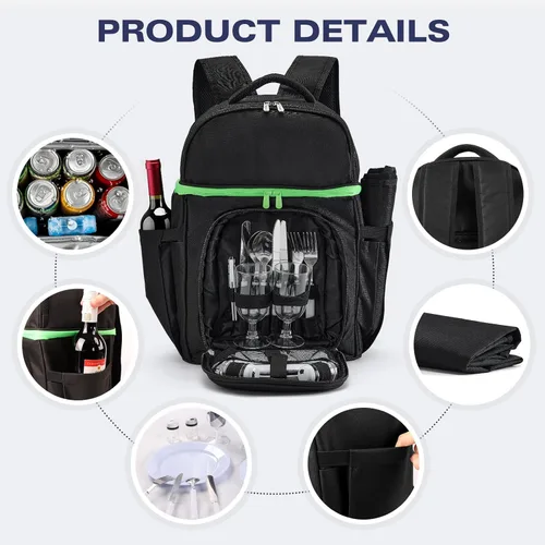 Vista 5 de Vogano Mochila de picnic y accesorios – Juego de picnic aislado para 2 personas con compartimentos dobles, manta ligera, juego de cubiertos