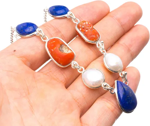 Vista 3 de StarGems® Collar de plata de ley 925 de coral rojo natural, lapislázuli y perla de río 16.5+1.75 pulgadas Y5535, Plata esterlina Gema, coral rojo