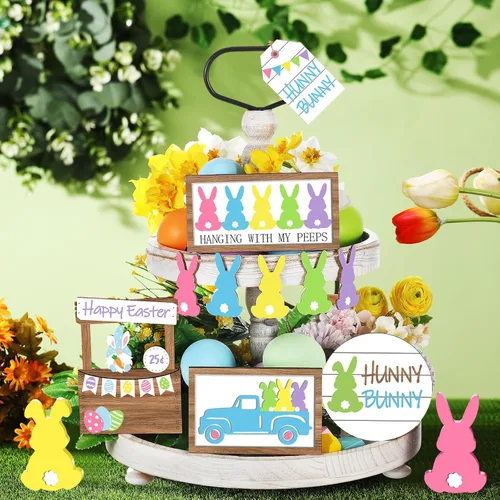 Vista 5 de Marsui Juego de 12 piezas de decoración de bandejas escalonadas de Pascua, letreros de madera de conejo, rústico, granja, primavera, bandeja