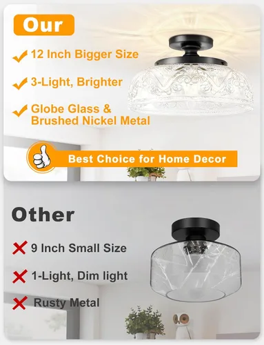 Vista 2 de Lámpara de Techo Semiempotrada, Luminaria de Techo Grande Negra de 12 Pulgadas, Luminaria de Cocina Industrial de 3 Luces con Globo de Cristal