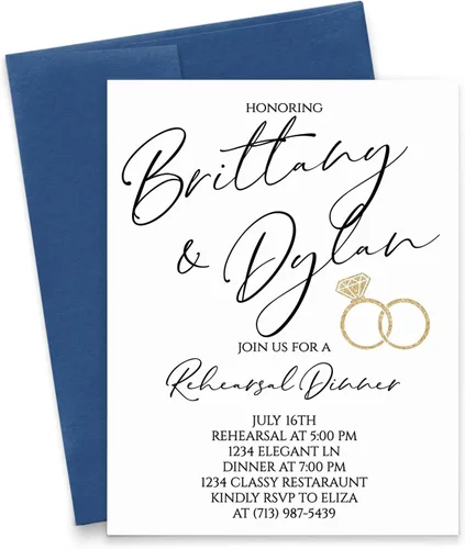 Modern Pink Paper Elegant Rehearsal Dinner Invitation Personalized, Set of Rings with Gold, Your choice of Quantity and Envelope Color