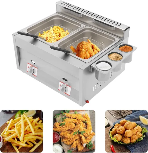 Vista 4 de Freidora comercial de gas, máquina de freír de cocina, freidora de aceite de encimera de acero inoxidable de 12 litros de acero inoxidable con 2
