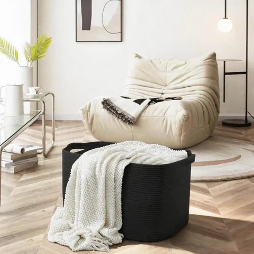 Vista 3 de MEGASKET Cesta extra grande para mantas, 23.6 x 17 x 12 pulgadas, almacenamiento de manta negra para sala de estar, soporte de almohada de cuerda