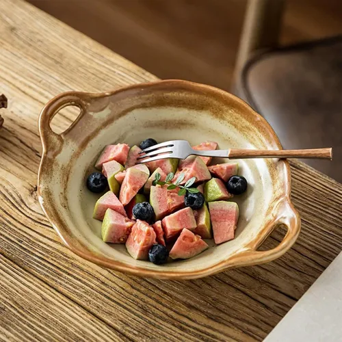 Vista 4 de Cuenco de cerámica con asas, cuencos retro irregulares para ensalada de frutas y encimera de cocina decorativa, apto para microondas (pequeño)