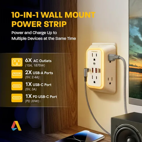 Vista 2 de Multi Plug Wall Outlet Extender - 6 Outlet Splitter & 4 USB Ports with 20W PD USB-C Fast Charging, Smart Night Light, 3-Sided 1050J Surge Protector