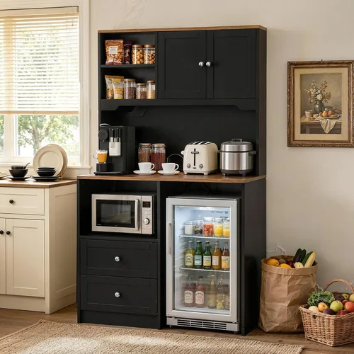 Vista 2 de 72" Kitchen Pantry Storage Cabinet with Fridge Space, Black Mini Fridge Cabinet with Charging Station, Large Pantry Cabinet with Drawers & Shelves