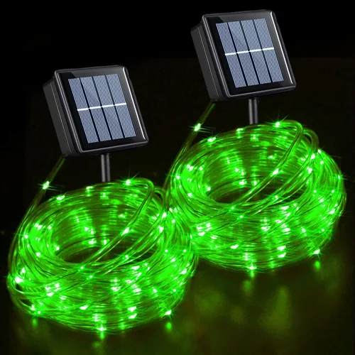 QITONG Paquete de 2 luces verdes del día de San Patricio, cada una de 33 pies de 100 luces LED solares para exteriores, 8 modos de luces de hadas en