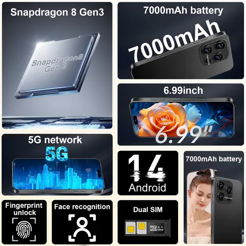 Vista 3 de 16PM 5G Unlocked Smartphone,12GB+512GB 7000mAh Fully Cell Phone for Android 14, 6.99" HD Screen Unlocked Cell Phone, 68MP+108MP Dual Camera/Dual