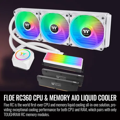 Vista 2 de Thermaltake Floe RC360 Snow, AMD (AM5/AM4) / Intel (LGA 1700/1200), TT RGB Plus Software/Sincronización de placa base controlada ARGB, enfriador