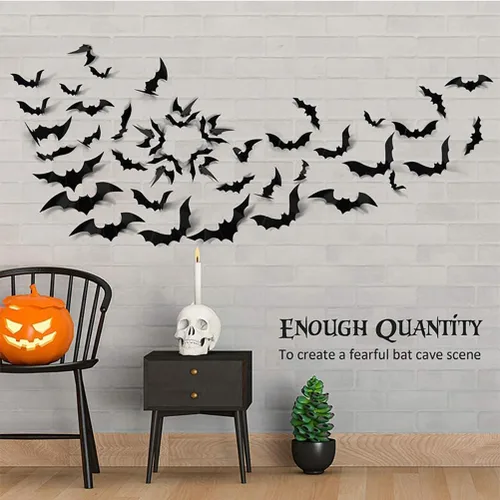 Vista 2 de 60 piezas de decoración de murciélagos 3D de Halloween, decoración de pared de murciélagos de Halloween, calcomanías de pared de murciélagos