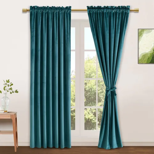 Vista 104 de JIUZHEN Cortinas de terciopelo rosa de 108 pulgadas para sala de estar, cortinas opacas extralargas para dormitorio, bolsillo para barra, protección