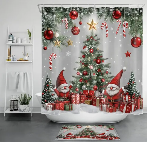 Vista 9 de HVEST Christmas Ball Shower Curtain, Blue Christmas Ball with Silver Pine Tree on Grey Board Bathroom Shower Curtain with Hooks, Snow Snowflake